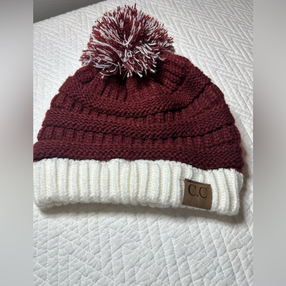 Game‎ day, cc beanie, hat, maroon, and white with ball on top new